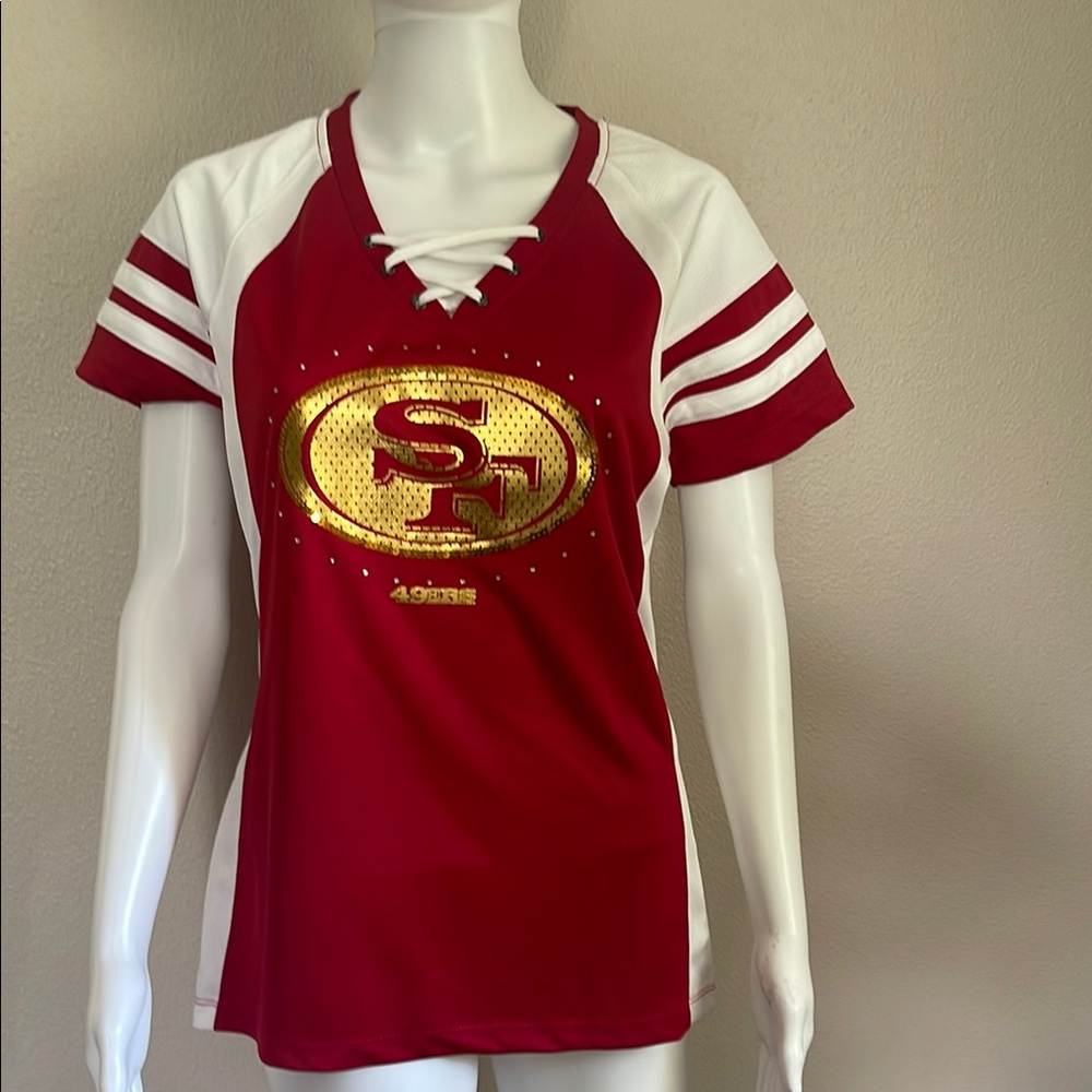NFL Women's Red and White Jersey with Gold Logo